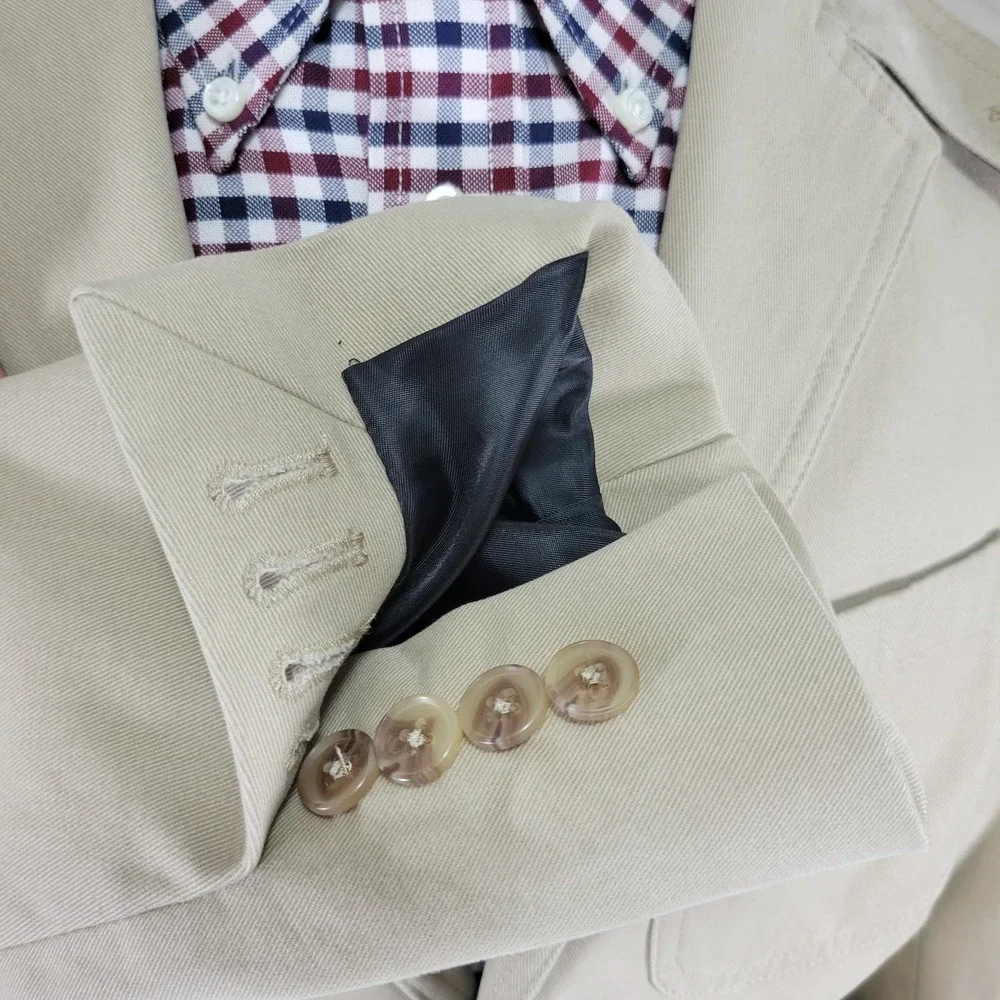 Lands End Mens Sport Coat Blazer Three Button Beige Cotton Surgeon Cuff Size 38R